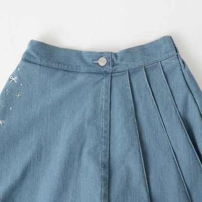 針織牛仔百褶裹裙式闊腿褲