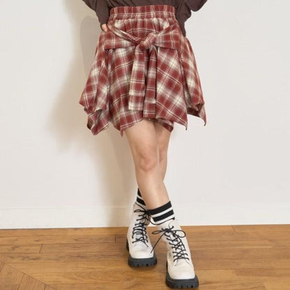 【LTXC】腰帶風格格紋裙褲