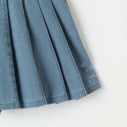 針織牛仔百褶裹裙式闊腿褲