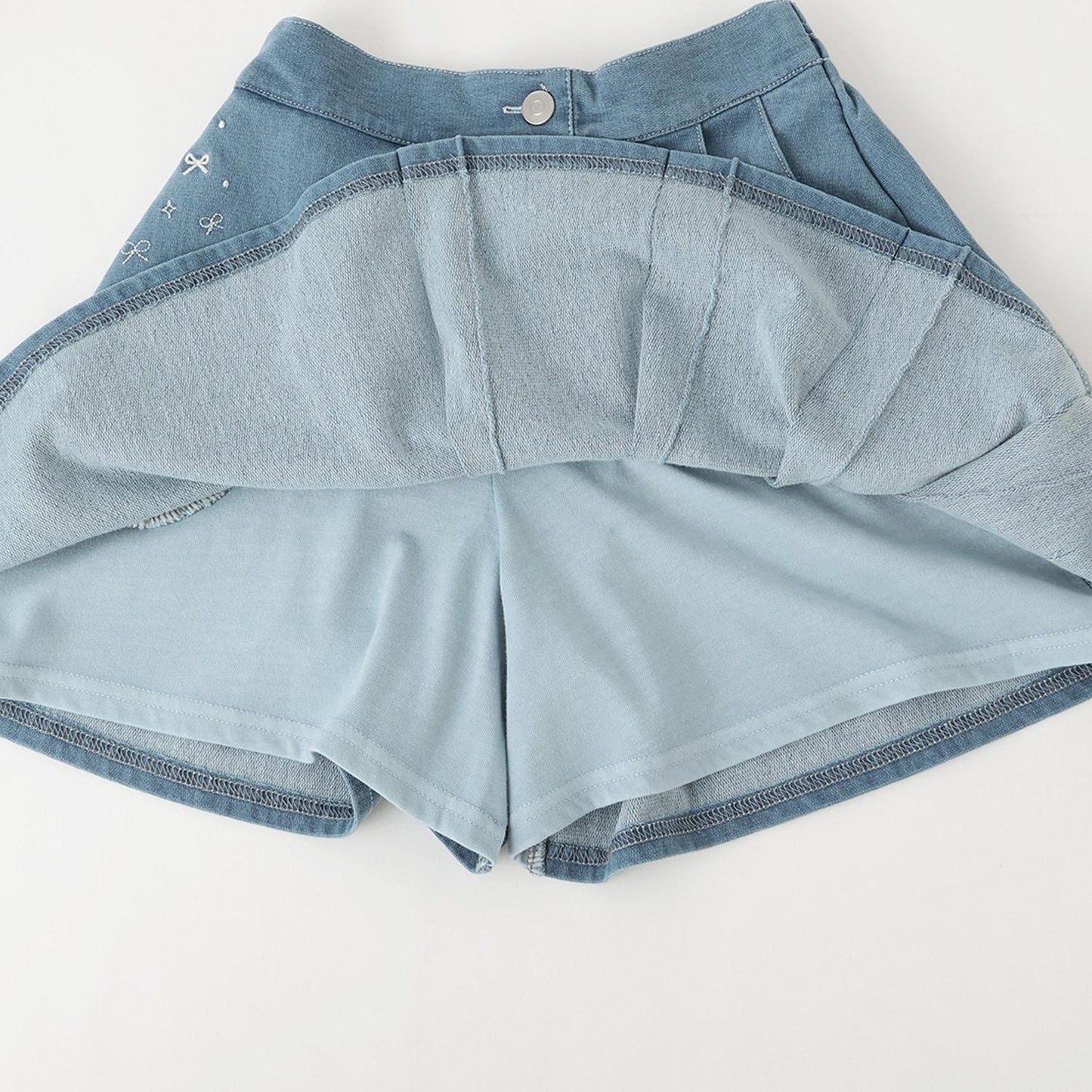 針織牛仔百褶裹裙式闊腿褲