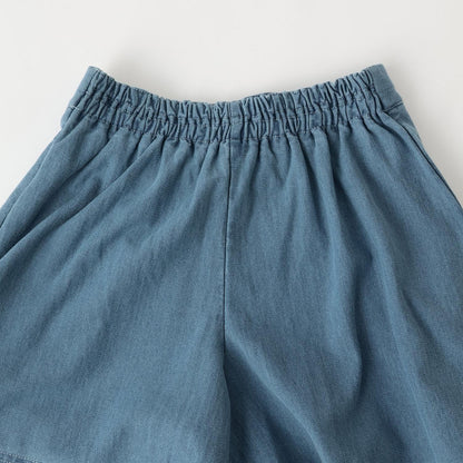 針織牛仔百褶裹裙式闊腿褲