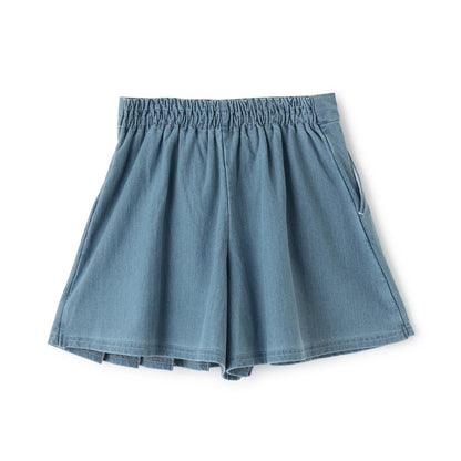 針織牛仔百褶裹裙式闊腿褲