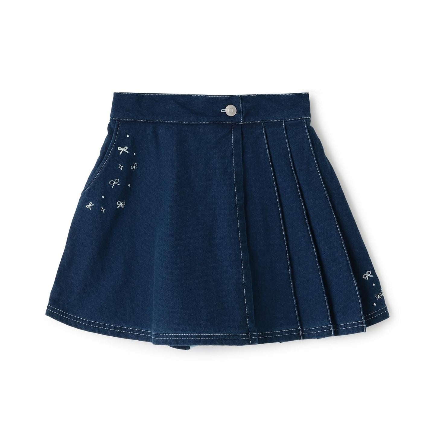 針織牛仔百褶裹裙式闊腿褲