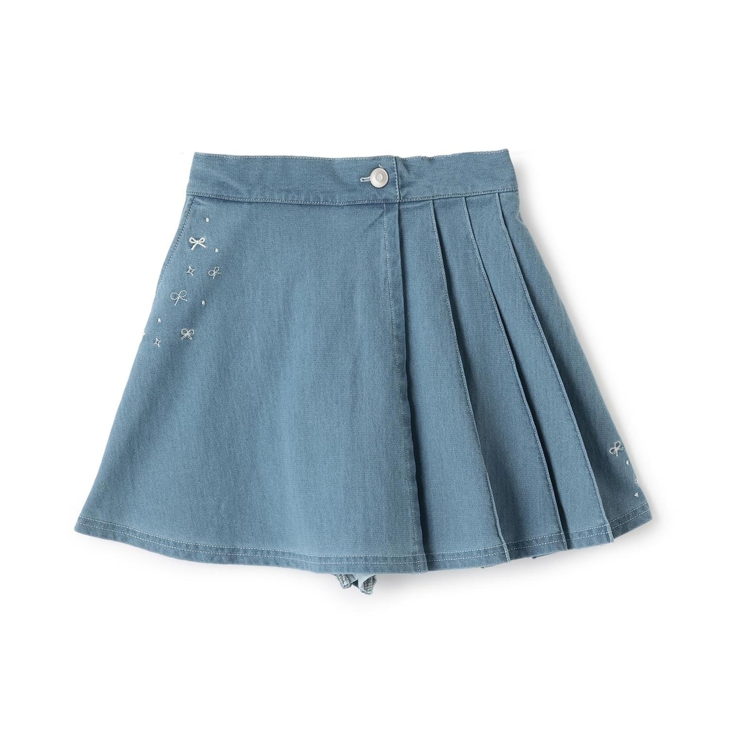 針織牛仔百褶裹裙式闊腿褲