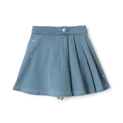 針織牛仔百褶裹裙式闊腿褲