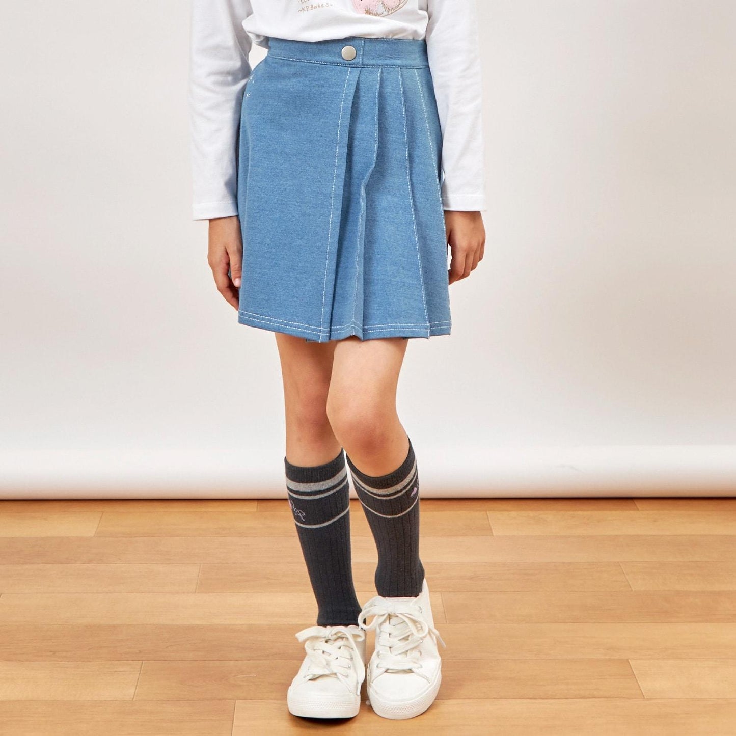 針織牛仔百褶裹裙式闊腿褲