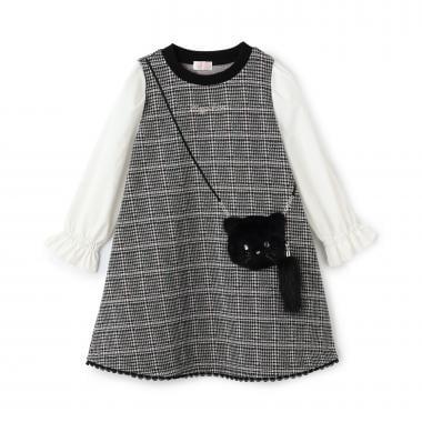 貓咪斜挎包提花格紋連衣裙