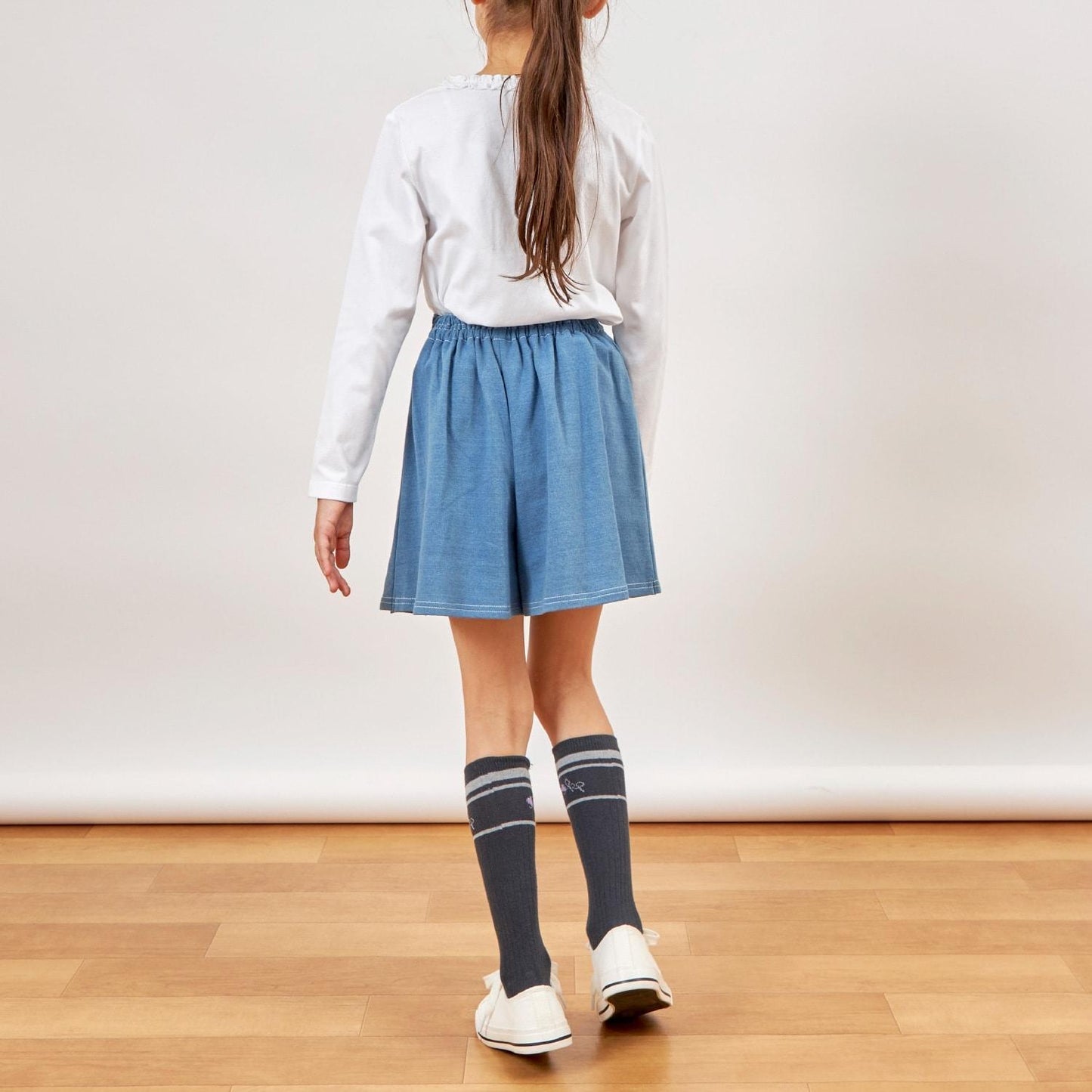 針織牛仔百褶裹裙式闊腿褲