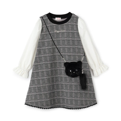 貓咪斜挎包提花格紋連衣裙