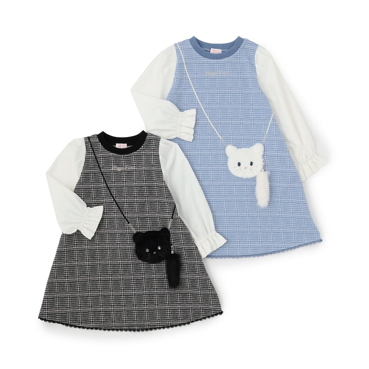 貓咪斜挎包提花格紋連衣裙