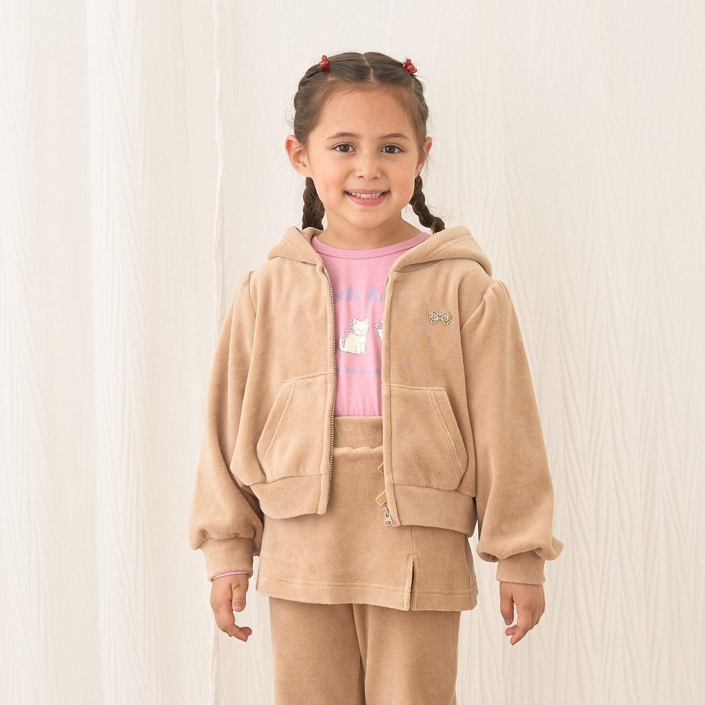 【柔軟天鵝絨】【可成套搭配】褶皺袖拉鍊連帽衫