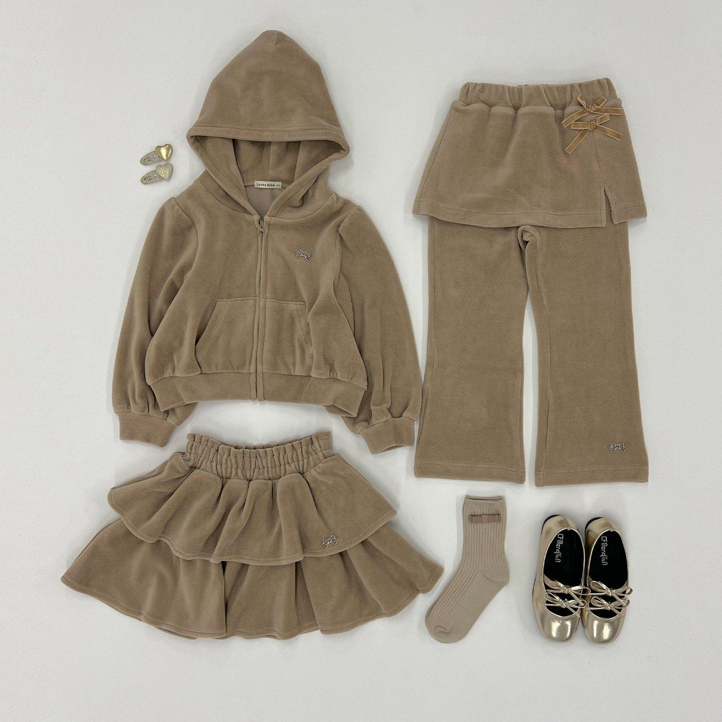 【柔軟天鵝絨】【可成套搭配】褶皺袖拉鍊連帽衫