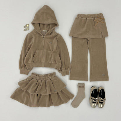 【柔軟天鵝絨】【可成套搭配】褶皺袖拉鍊連帽衫