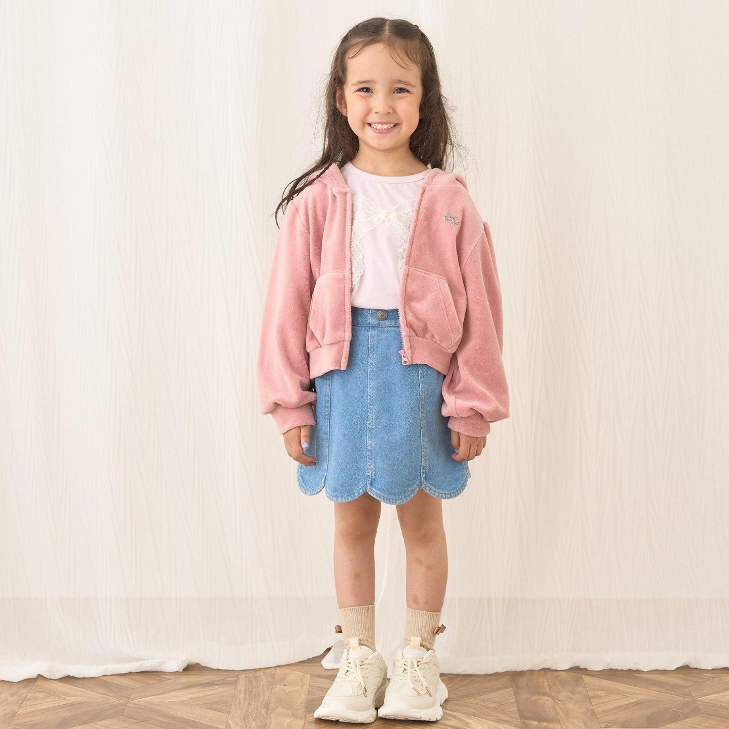 【柔軟天鵝絨】【可成套搭配】褶皺袖拉鍊連帽衫