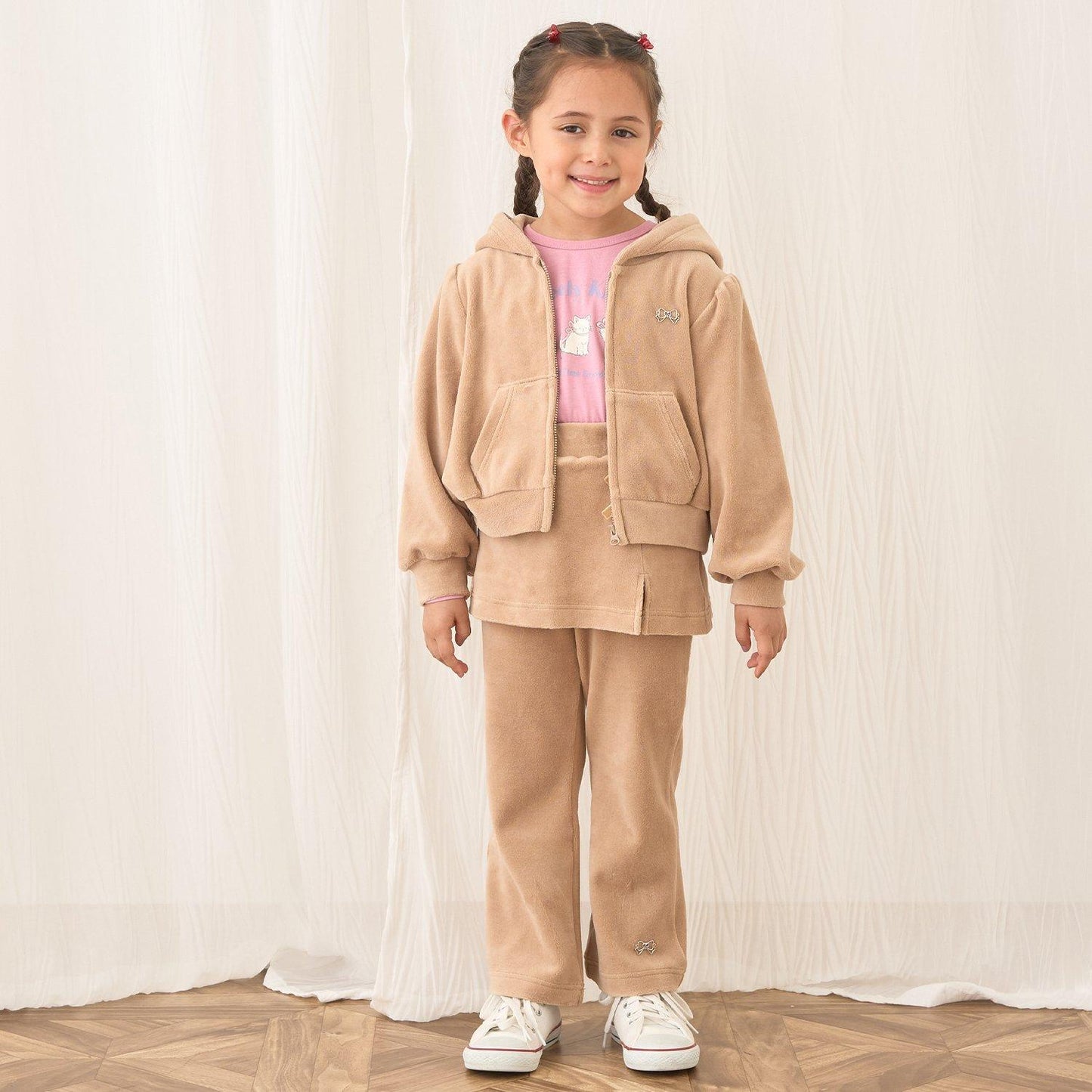 【柔軟天鵝絨】【可成套搭配】褶皺袖拉鍊連帽衫