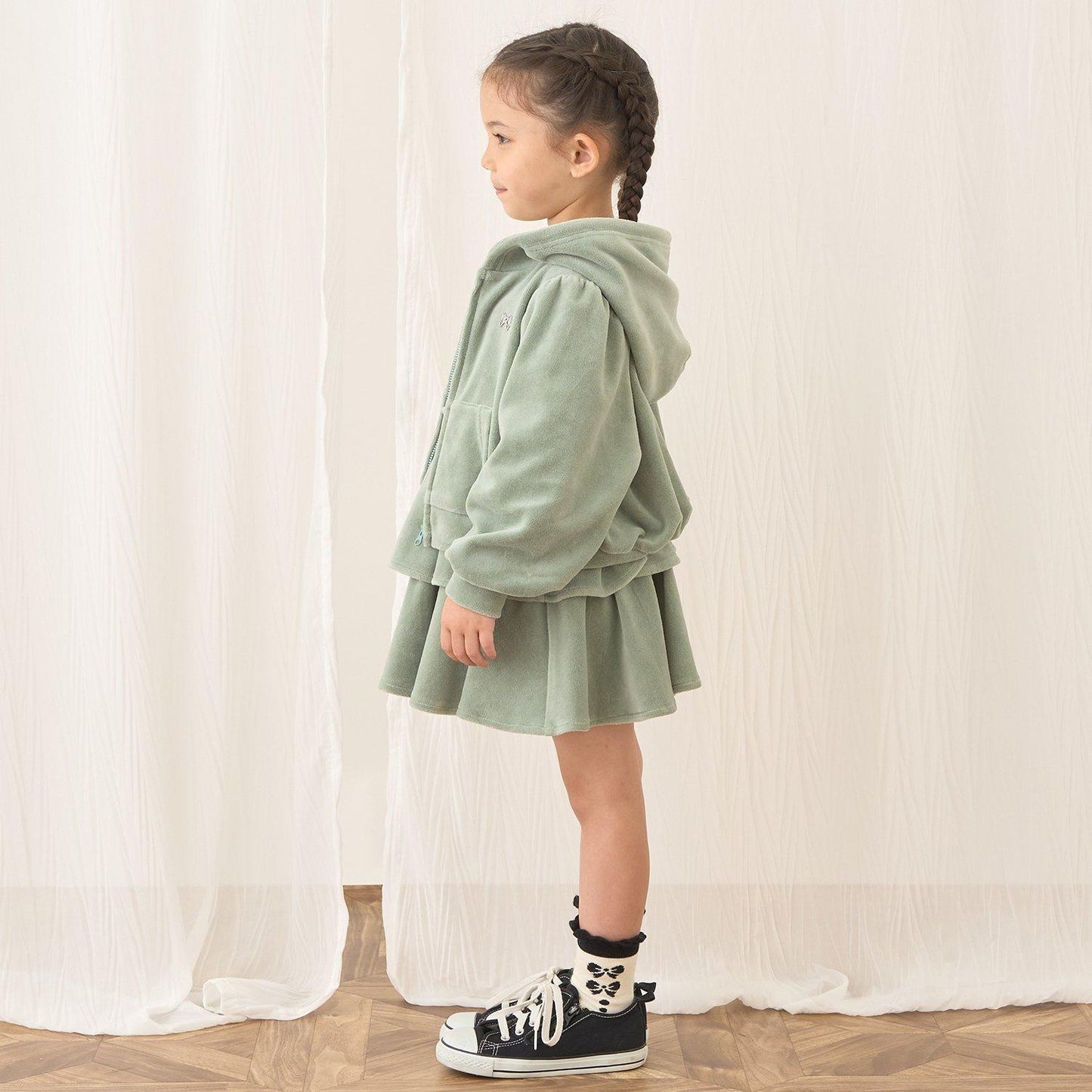 【柔軟天鵝絨】【可成套搭配】褶皺袖拉鍊連帽衫