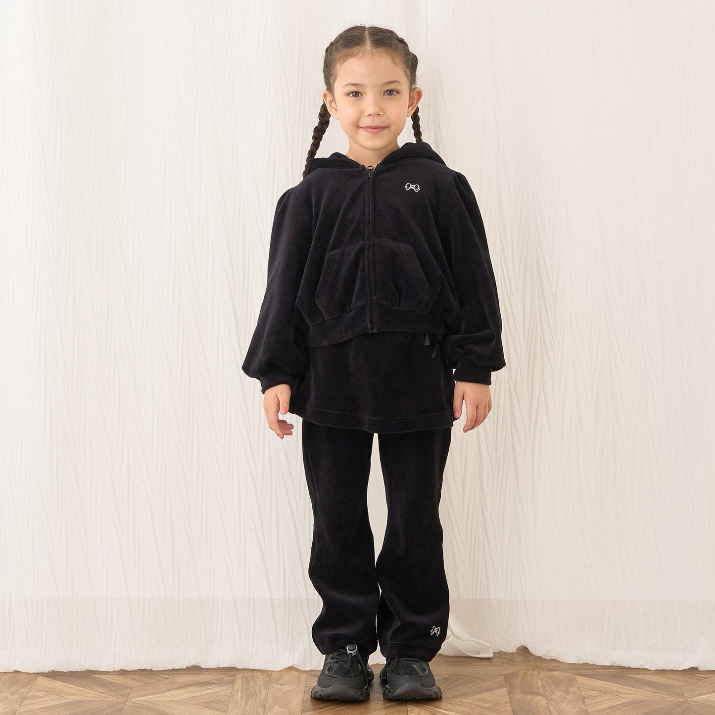 【柔軟天鵝絨】【可成套搭配】褶皺袖拉鍊連帽衫