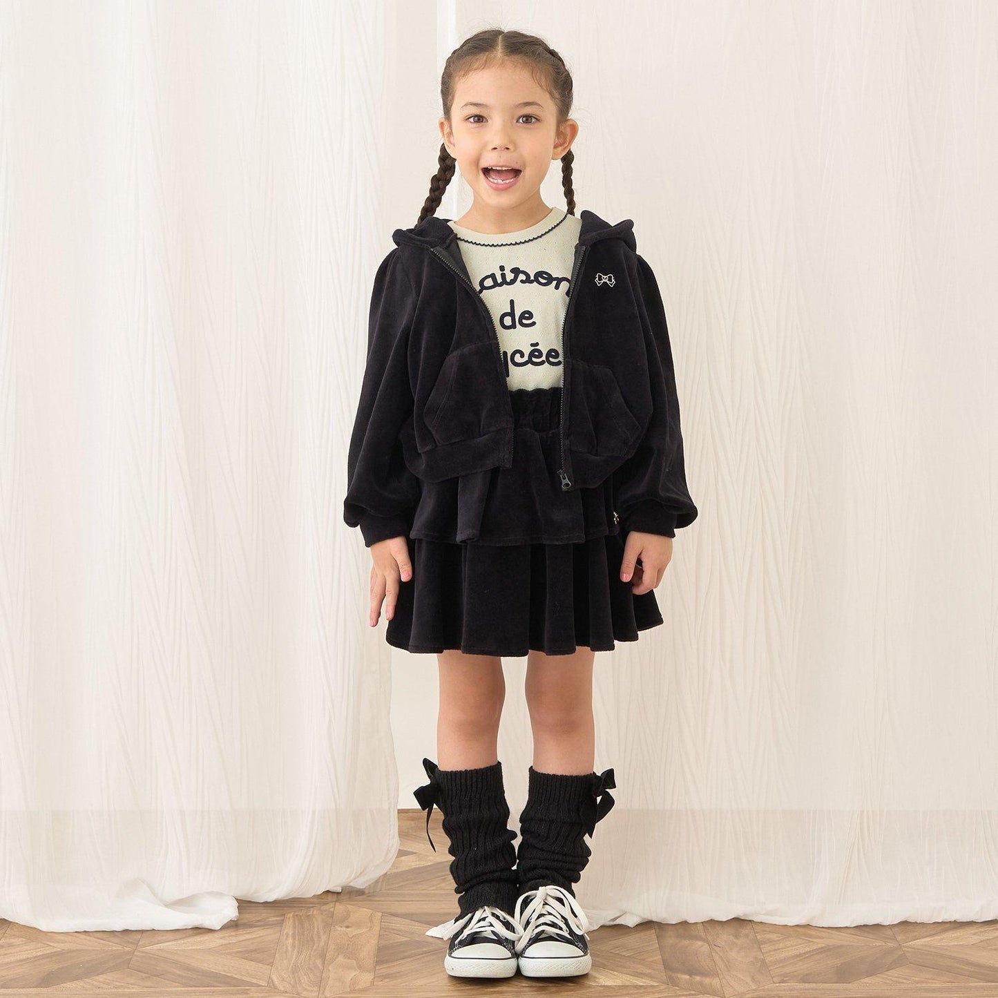 【柔軟天鵝絨】【可成套搭配】褶皺袖拉鍊連帽衫