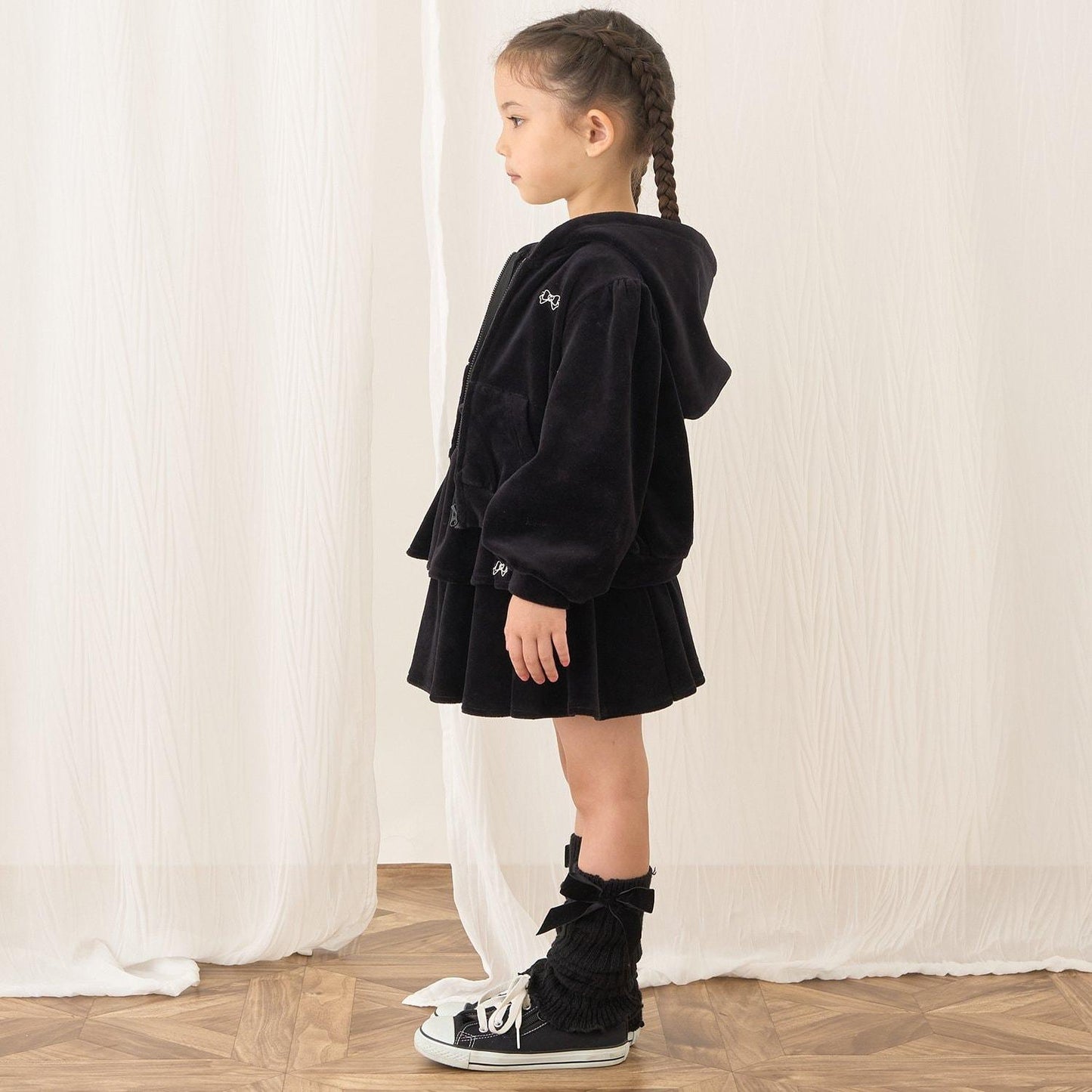 【柔軟天鵝絨】【可成套搭配】褶皺袖拉鍊連帽衫