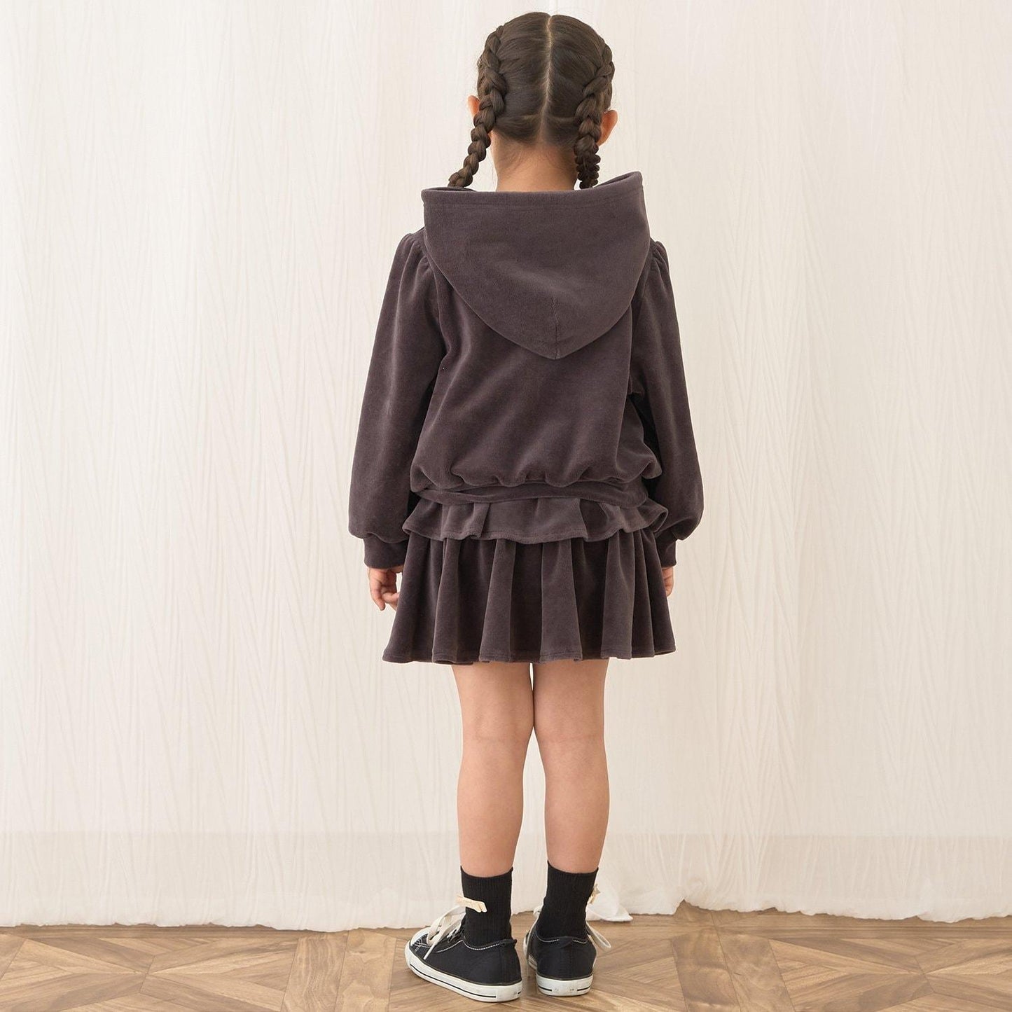 【柔軟天鵝絨】【可成套搭配】褶皺袖拉鍊連帽衫