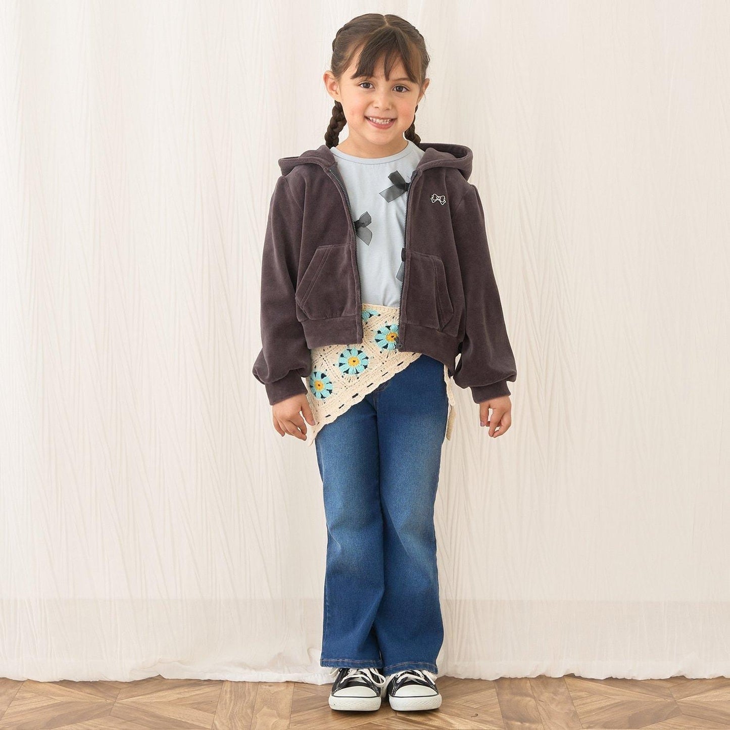 【柔軟天鵝絨】【可成套搭配】褶皺袖拉鍊連帽衫