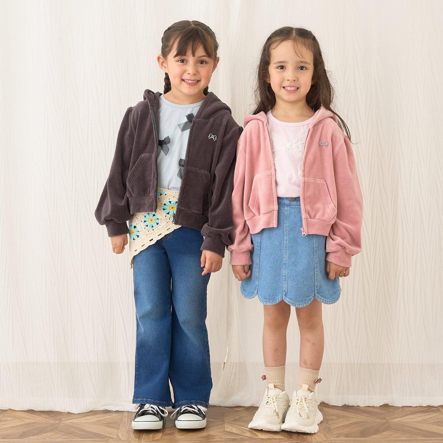 【柔軟天鵝絨】【可成套搭配】褶皺袖拉鍊連帽衫