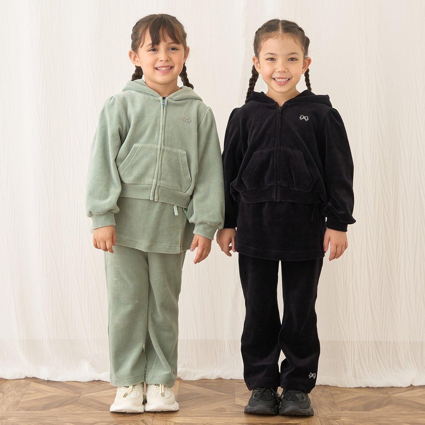 【柔軟天鵝絨】【可成套搭配】褶皺袖拉鍊連帽衫