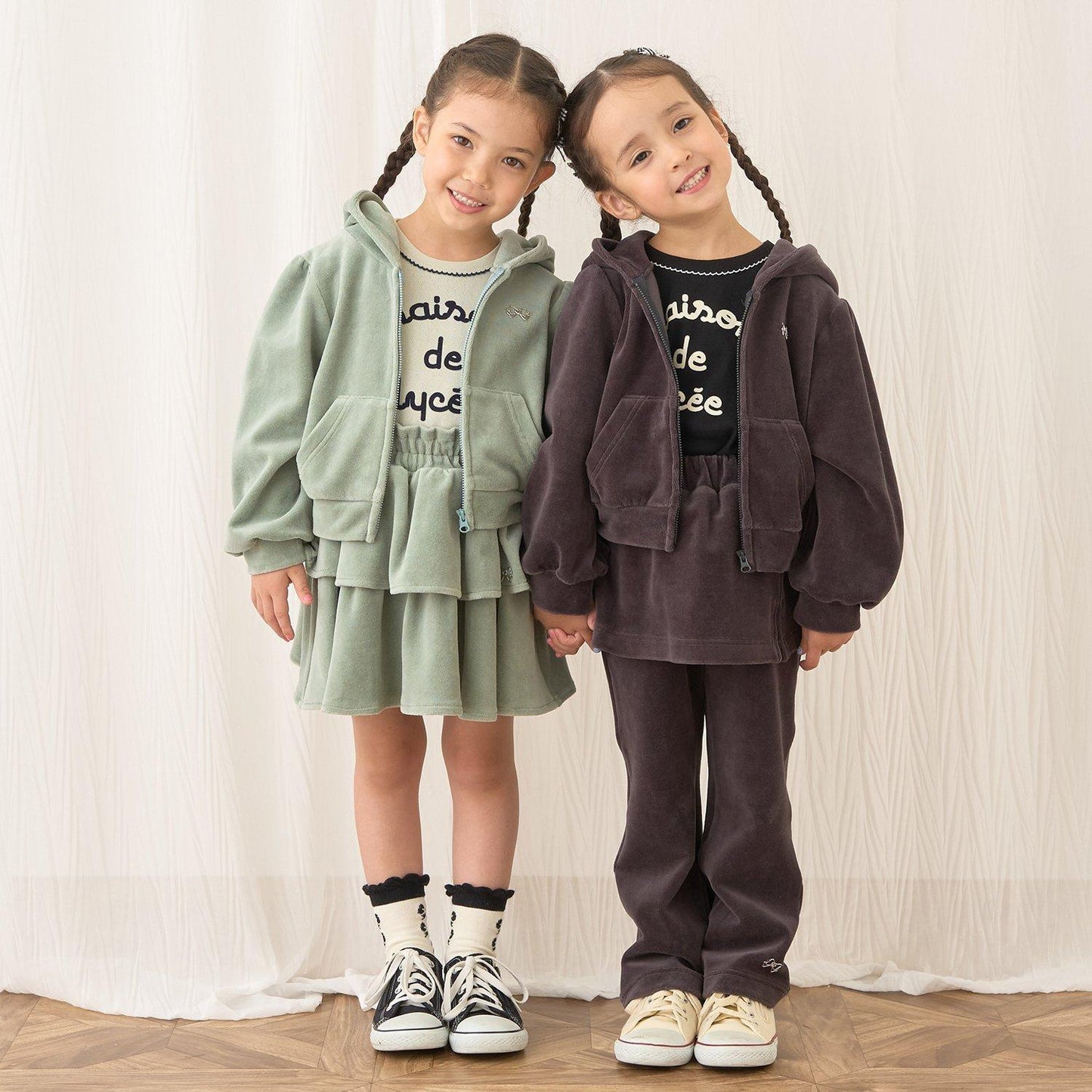 【柔軟天鵝絨】【可成套搭配】褶皺袖拉鍊連帽衫