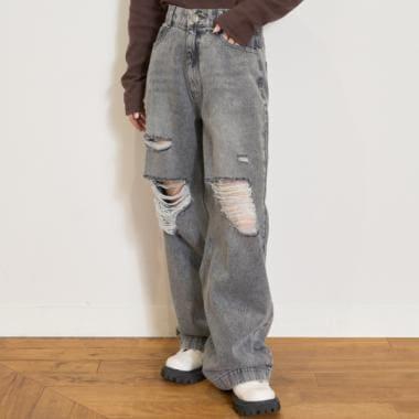 【LTXC】破洞牛仔寬腿褲