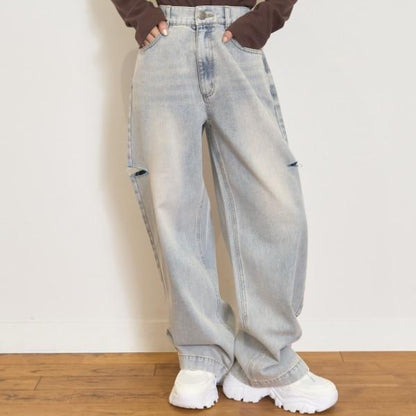 【LTXC】破洞牛仔寬腿褲