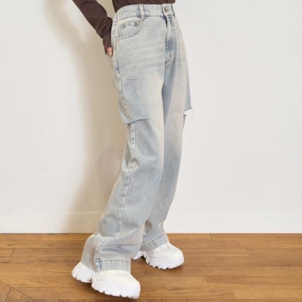 【LTXC】破洞牛仔寬腿褲