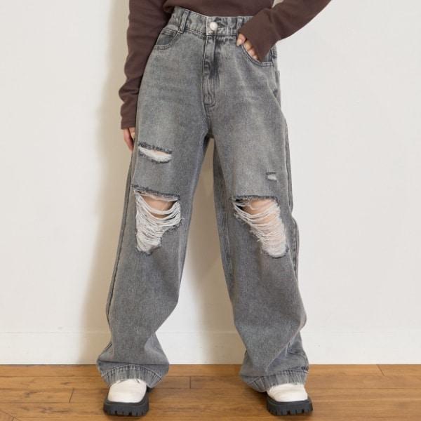 【LTXC】破洞牛仔寬腿褲