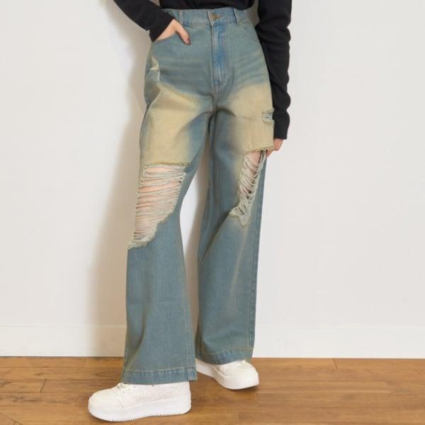 【LTXC】破洞牛仔寬腿褲
