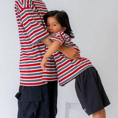 【親子裝】兒童拼色條紋短袖T恤
