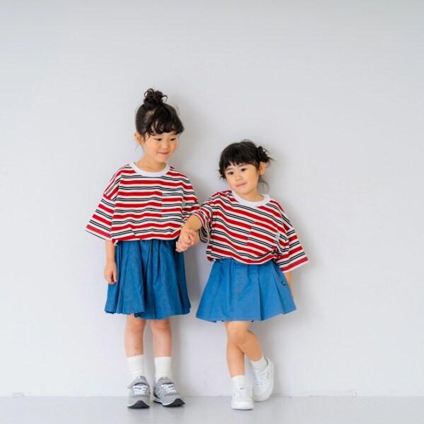 【親子裝】兒童拼色條紋短袖T恤