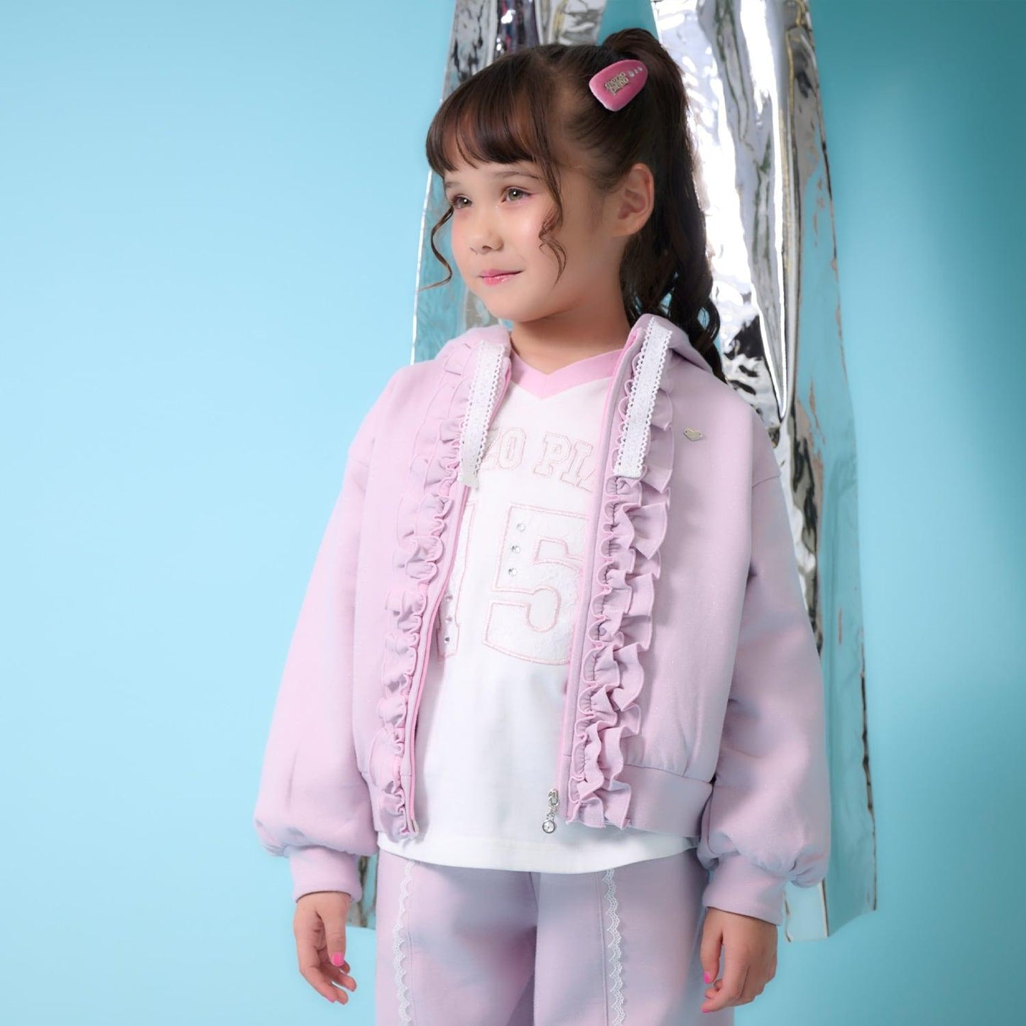 亮片裝飾荷葉邊拉鍊連帽衫