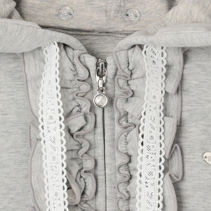 亮片裝飾荷葉邊拉鍊連帽衫