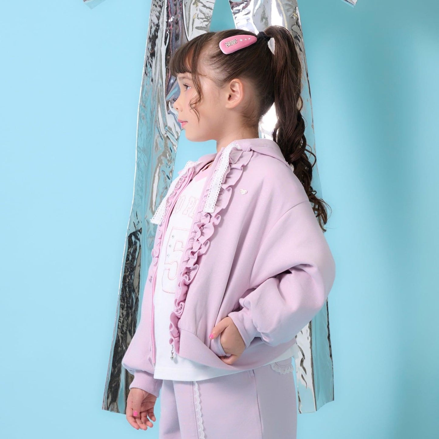 亮片裝飾荷葉邊拉鍊連帽衫