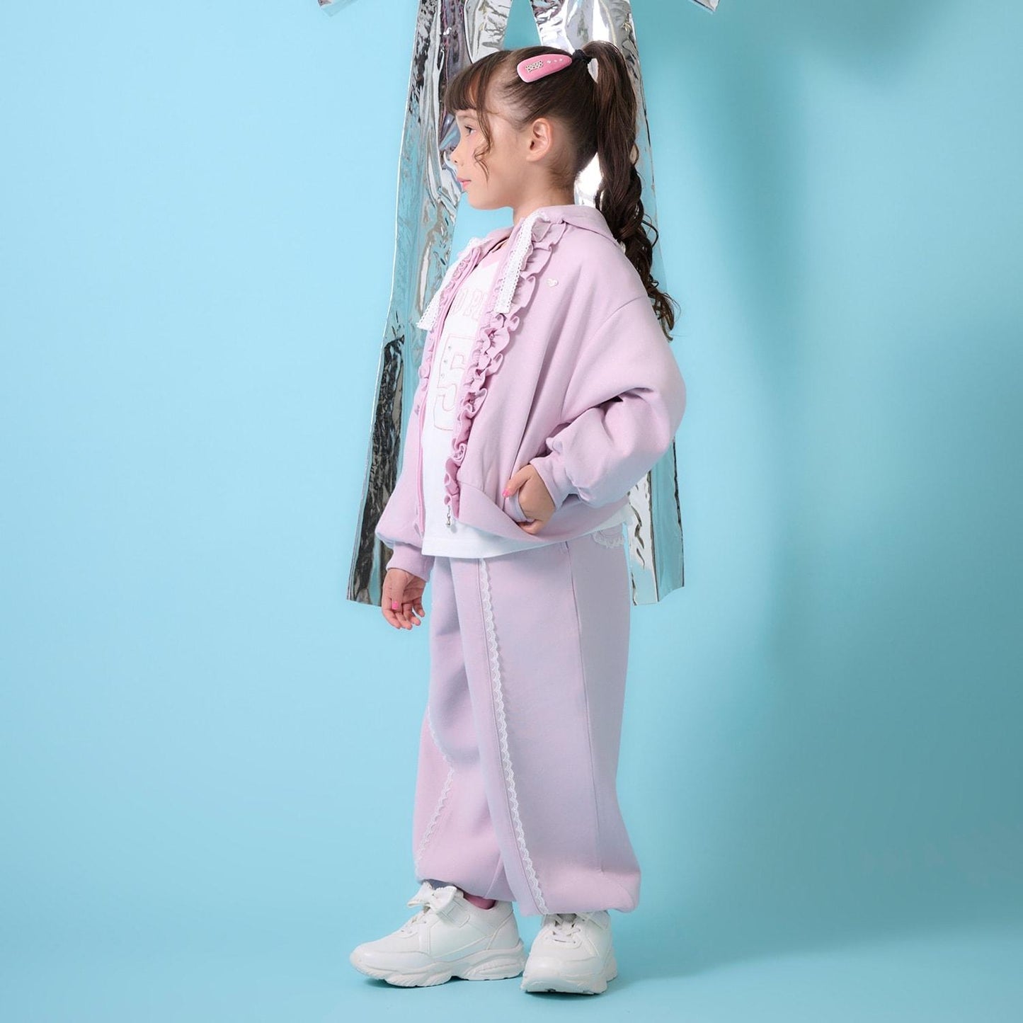 亮片裝飾荷葉邊拉鍊連帽衫