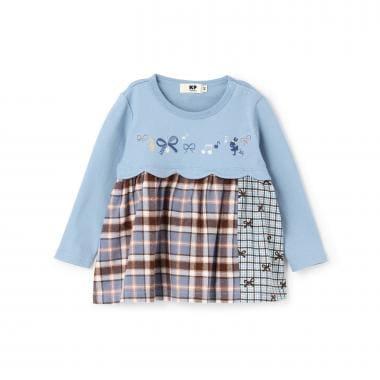 蝴蝶結拼接格紋波浪邊長袖上衣