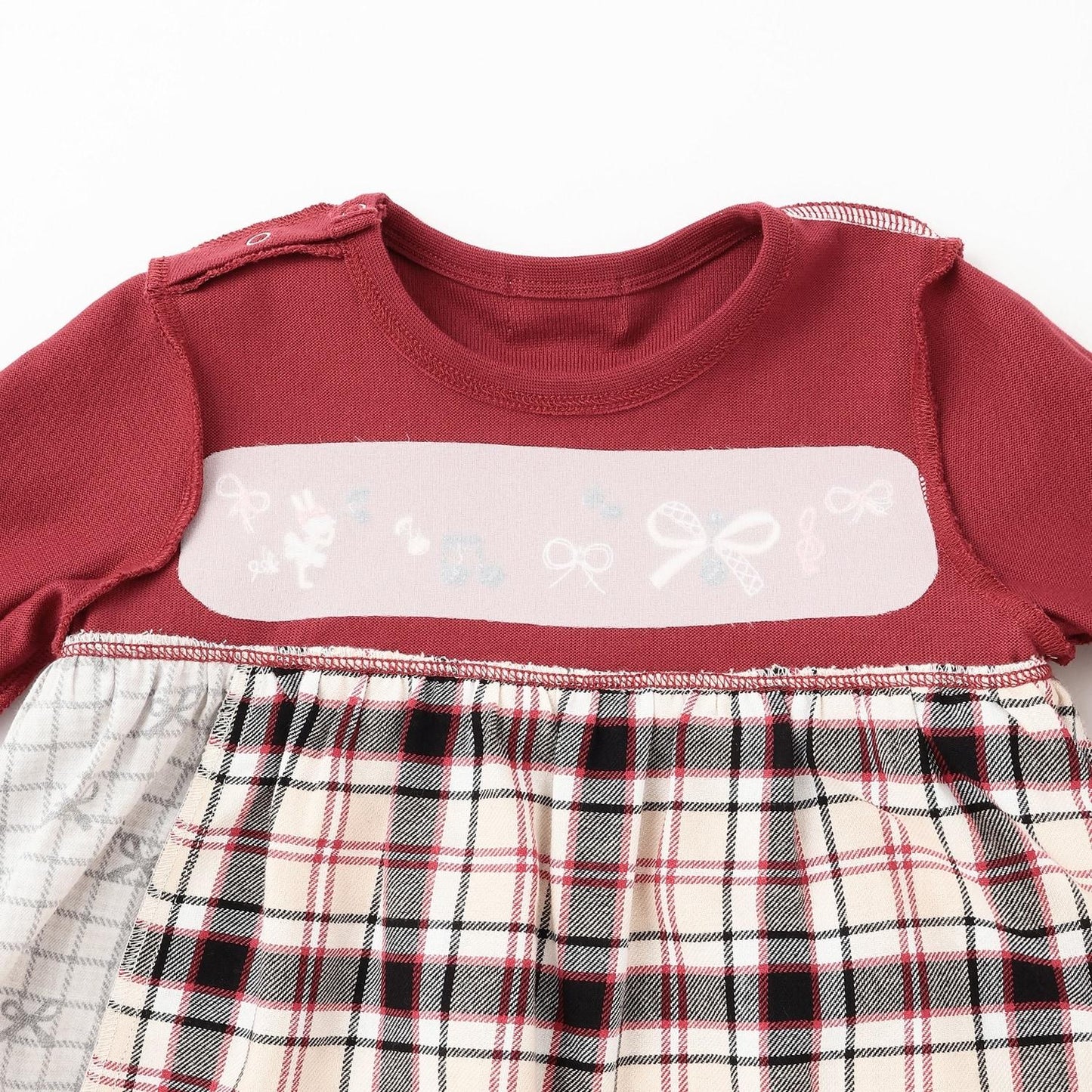 蝴蝶結拼接格紋波浪邊長袖上衣