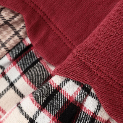 蝴蝶結拼接格紋波浪邊長袖上衣