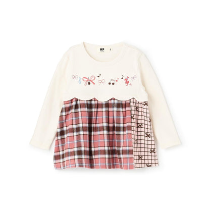 蝴蝶結拼接格紋波浪邊長袖上衣