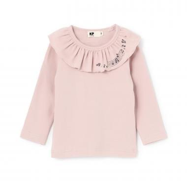 音符刺繡荷葉邊領微絨長袖T恤