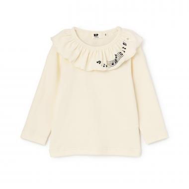 音符刺繡荷葉邊領微絨長袖T恤