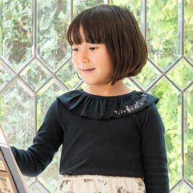 音符刺繡荷葉邊領微絨長袖T恤