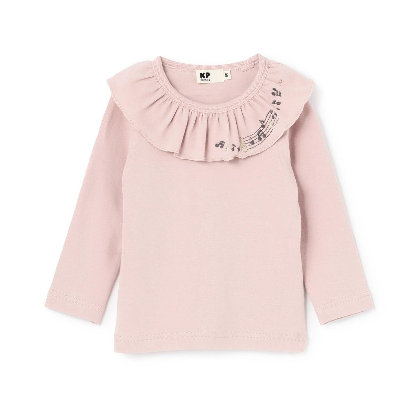 音符刺繡荷葉邊領微絨長袖T恤