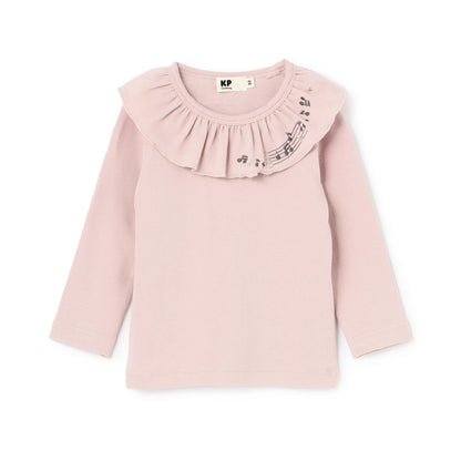 音符刺繡荷葉邊領微絨長袖T恤