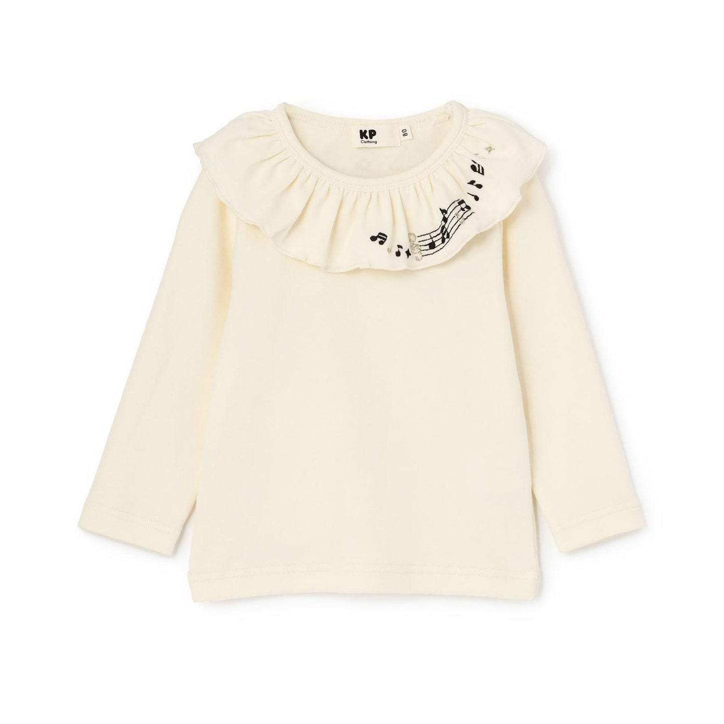 音符刺繡荷葉邊領微絨長袖T恤