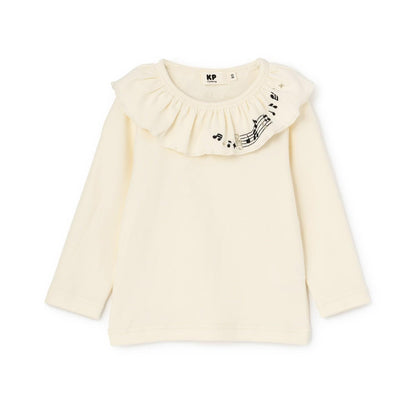 音符刺繡荷葉邊領微絨長袖T恤